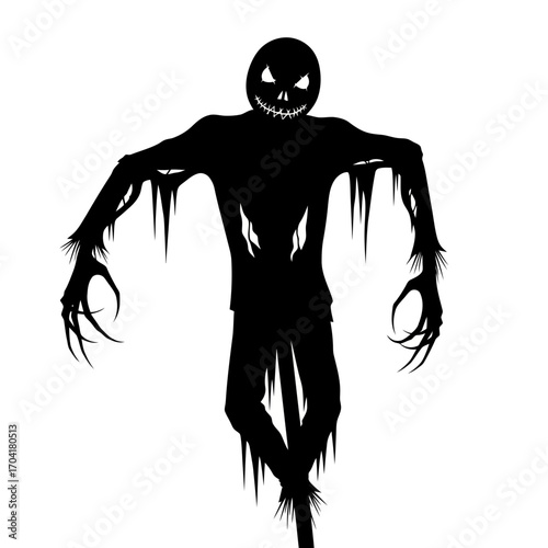 Scary scarecrow silhouette with sharp claws isolated on white background