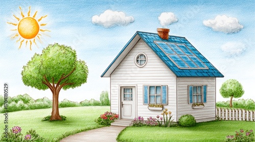 Cartoon House with Solar Panels on Roof