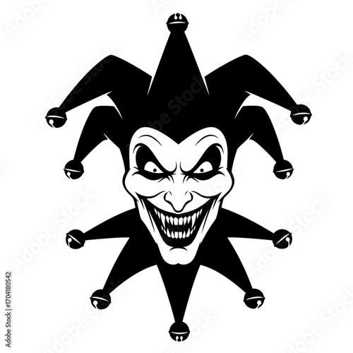 Evil jester face silhouette isolated on white background