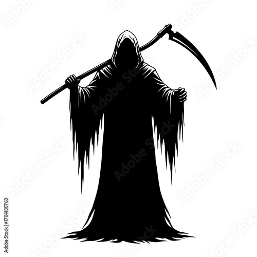 Grim reaper holding scythe silhouette isolated on white background