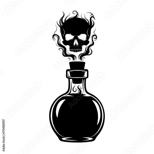 Skull and smoke emanating from a potion bottle silhouette isolated on white background