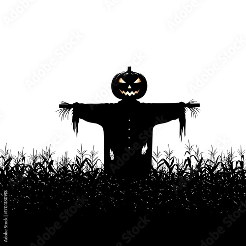 Scary pumpkin head scarecrow silhouette in cornfield isolated on white background