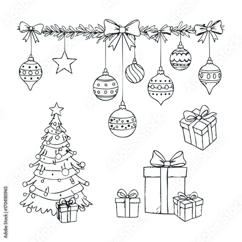 Festive christmas decorations holiday theme illustration cheerful setting top-down view celebration spirit. Vector illustration