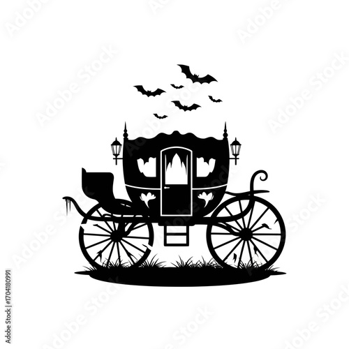 Spooky carriage with bats silhouette isolated on white background