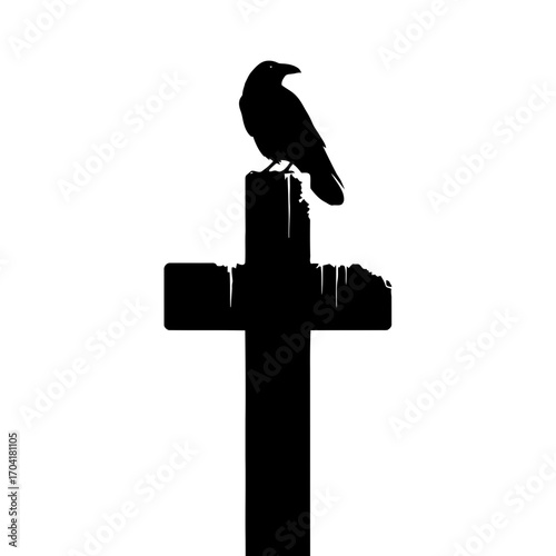 Black silhouette of a crow perched on a cross isolated on white background