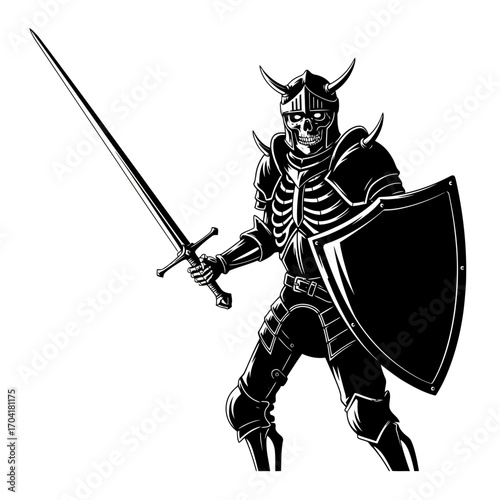 Skeleton warrior in armor with sword and shield silhouette isolated on white background