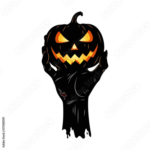 Scary jack o lantern held by zombie hand silhouette isolated on white background