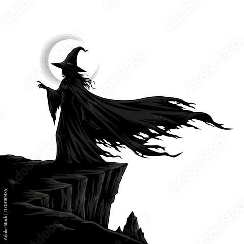 Witch on cliff edge with moon silhouette isolated on white background