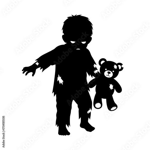 Creepy child zombie silhouette holding a teddy bear isolated on white background