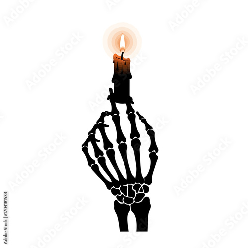 Skeleton hand holding a burning candle silhouette isolated on white background