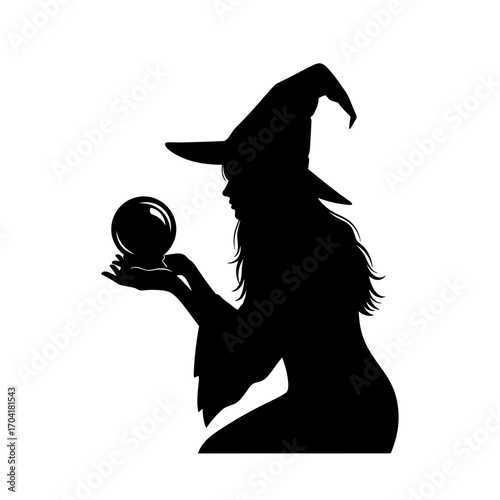 Witch holding crystal ball silhouette isolated on white background