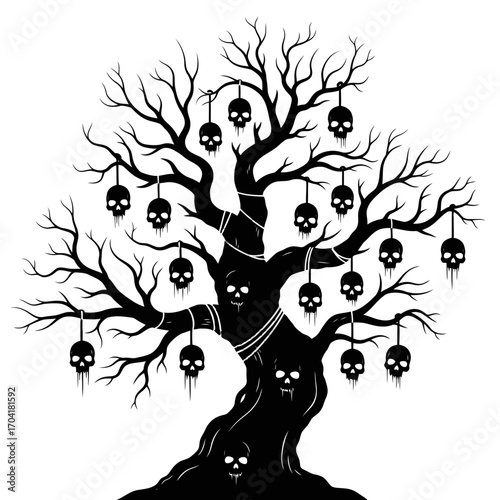 Creepy halloween tree with skulls silhouette isolated on white background