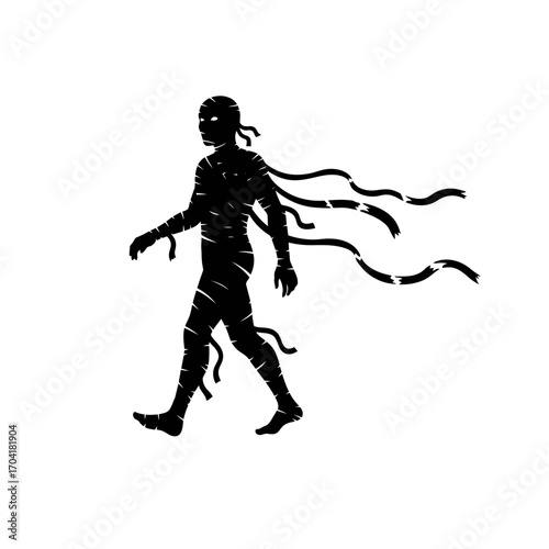 Walking mummy silhouette with trailing bandages isolated on white background