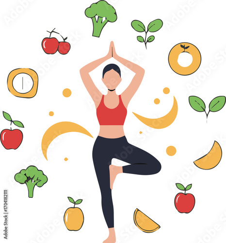Vibrant woman practicing yoga surrounded by healthy fruits and vegetables, symbolizing wellness and balanced living