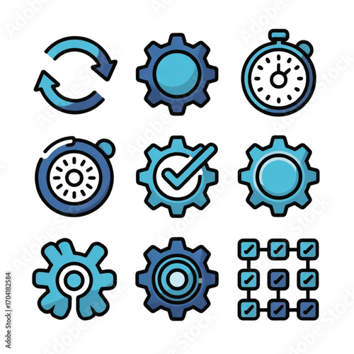 Set of nine blue icons including gears and timers stopwatch clock