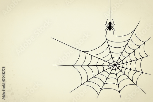 Spider hangs from a single thread beside a detailed web on a plain backdrop. Concept of nature, simplicity, and intricate design.