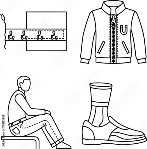 Simple vector illustrations of a jacket, coat rack, and person with accessories representing daily life and clothing.
