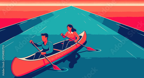 Illustration of a couple canoeing together on a surreal waterway that resembles a road leading to the horizon.