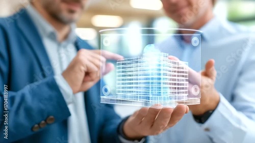 BIM specialists collaborating around holographic 4D building model with timeline visualization using gesture controls and digital twin technology to optimize construction
