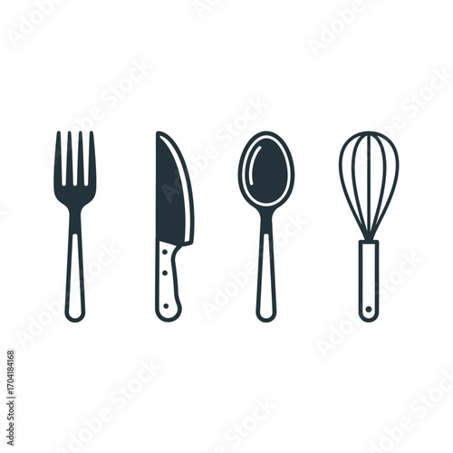 Simple hand drawn culinary utensils featuring fork knife spoon and whisk for kitchen and food related designs vector