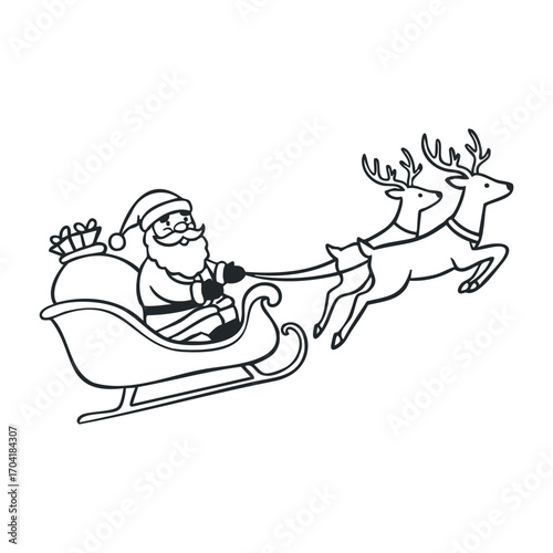 Santa claus delivering gifts with reindeer winter wonderland illustration festive side view christmas spirit. Vector illustration