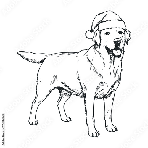 Playful dog in santa hat holiday celebration illustration festive environment whimsical viewpoint. Vector illustration