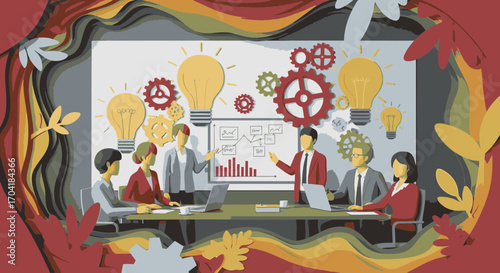 A creative business team collaborates in a meeting, brainstorming ideas represented by lightbulbs and gears in a paper-cut art style.