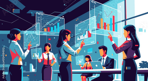 Business team collaborating in a futuristic office, analyzing data on interactive holographic screens.