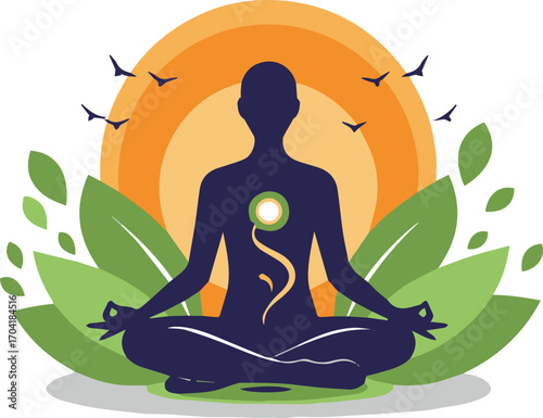 Serene person meditating peacefully amidst vibrant nature and a radiant sun, symbolizing inner calm and growth.