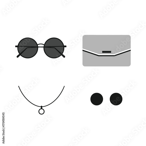 Stylish accessories collection round sunglasses minimalist necklace clutch bag and earrings vector illustration flat design style vector