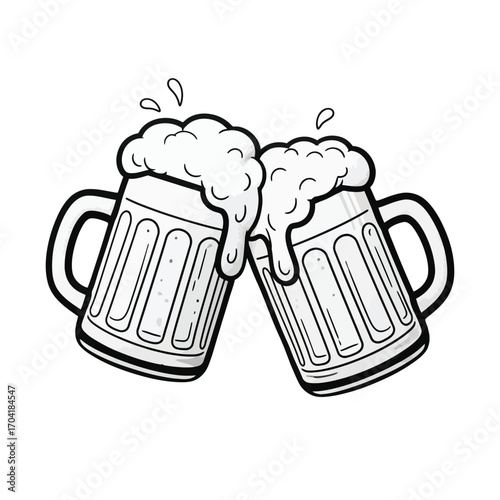 Two frothy beer mugs clinking together in celebration with splashing foam vector