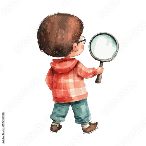 Curious Child with Magnifying Glass Back View Watercolor Style