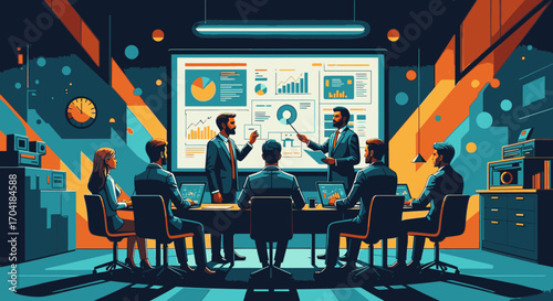 A team of professionals in a modern boardroom analyzing data charts and graphs during a business presentation.
