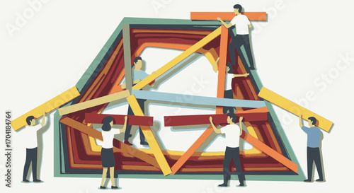 A diverse team of people collaborating to construct a complex, abstract house-like structure with colorful wooden beams, symbolizing teamwork and shared goals.