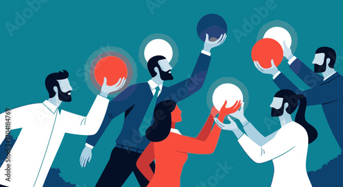 A diverse group of business professionals collaborating and sharing glowing orbs representing ideas and innovation.