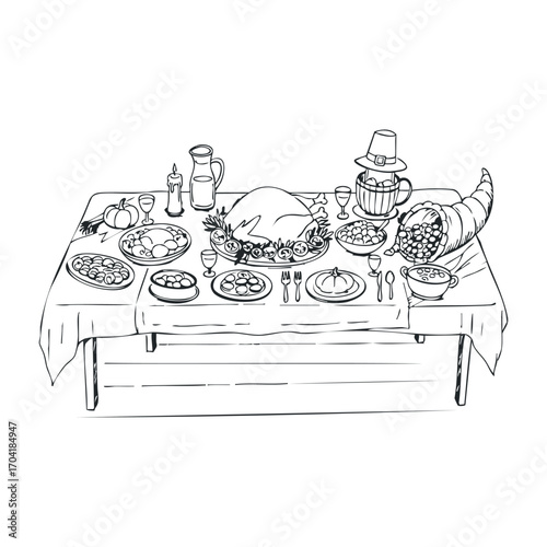Thanksgiving feast celebration dining room table food illustration festive environment aerial view culinary delight. Vector illustration