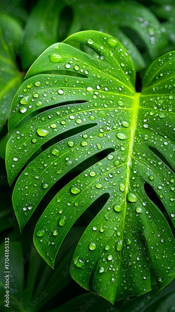 Obraz premium Vibrant green leaf showing water droplets after tropical rain