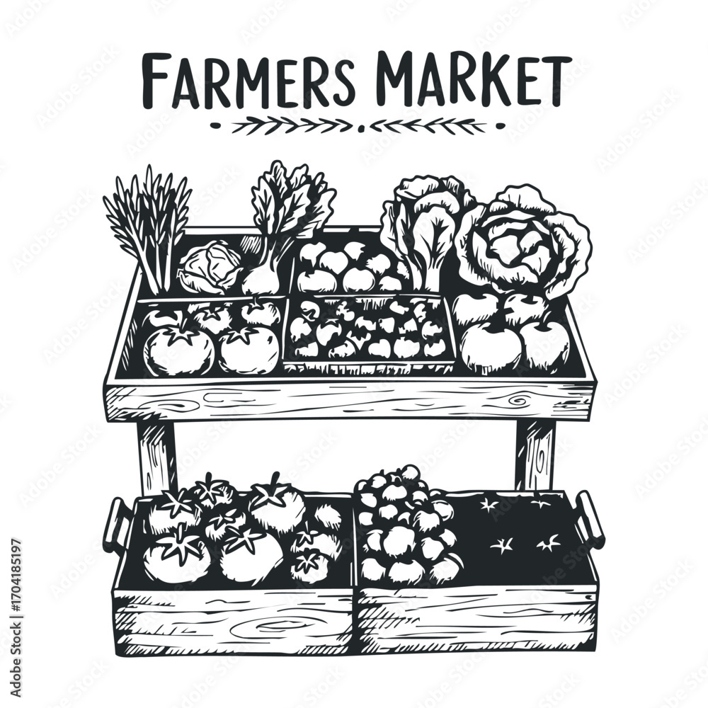 Fototapeta premium Local farmers market showcasing fresh produce community hub illustration rustic setting bird's eye view sustainable living. Vector illustration