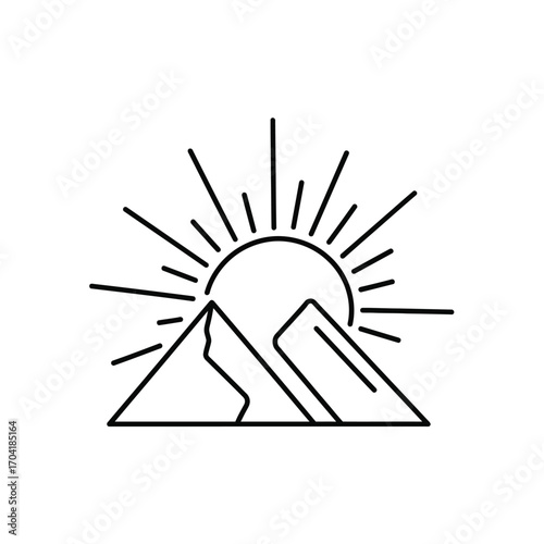 Minimalist line art sunrise over mountain peaks vector illustration for outdoor adventure and travel branding vector