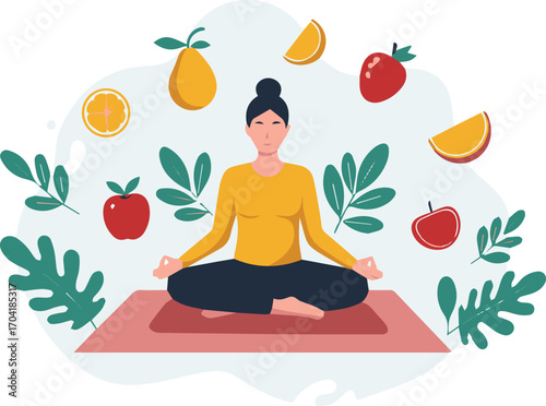Serene woman meditating surrounded by vibrant fruits and lush green leaves, embodying wellness and healthy living