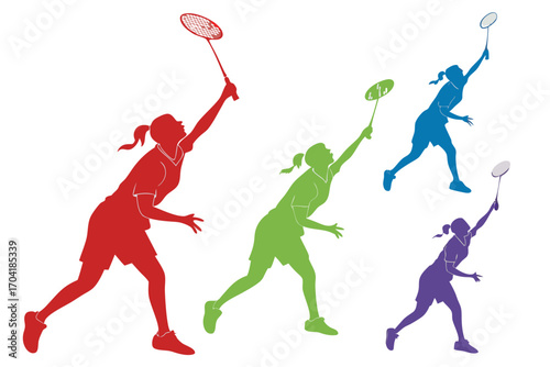 set of Badminton player smash silhouette vector isolated on white background