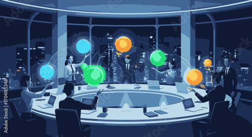 Business professionals in a futuristic boardroom interacting with holographic data visualizations during a meeting at night.