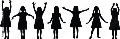 Silhouette of Girls in Different Poses, Children Raising Hands, Standing and Dancing, Black Silhouette Vector of Young Girls Isolated on White