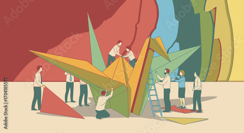 A team of business professionals collaboratively building a large, colorful origami paper crane, symbolizing teamwork and creation.
