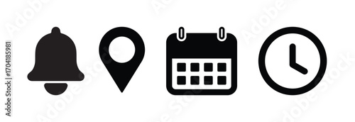 Simple black icons for notification calendar location and clock symbol set