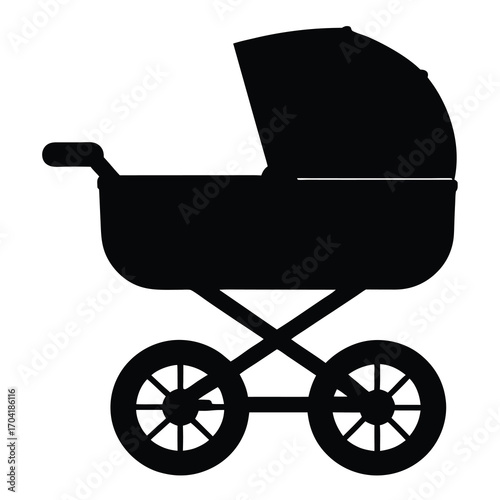 Classic black silhouette of a baby stroller with canopy and wheels