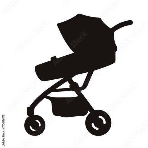 Stylish black silhouette of a modern baby stroller on white background