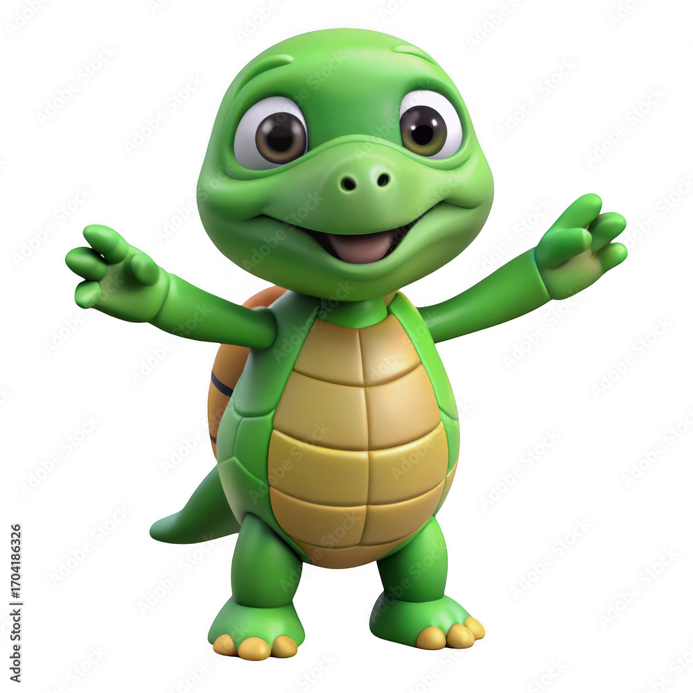 Fototapeta premium 3d adorable green cartoon turtle character with welcoming pose transparent background