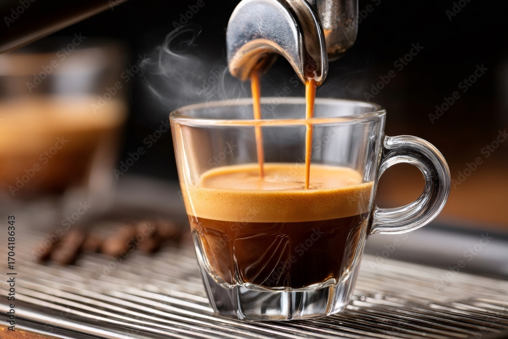 Fototapeta premium Coffee machine pouring espresso into glass cup with steam