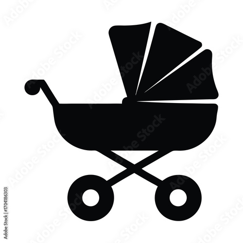 Classic baby stroller icon in black silhouette on a white background